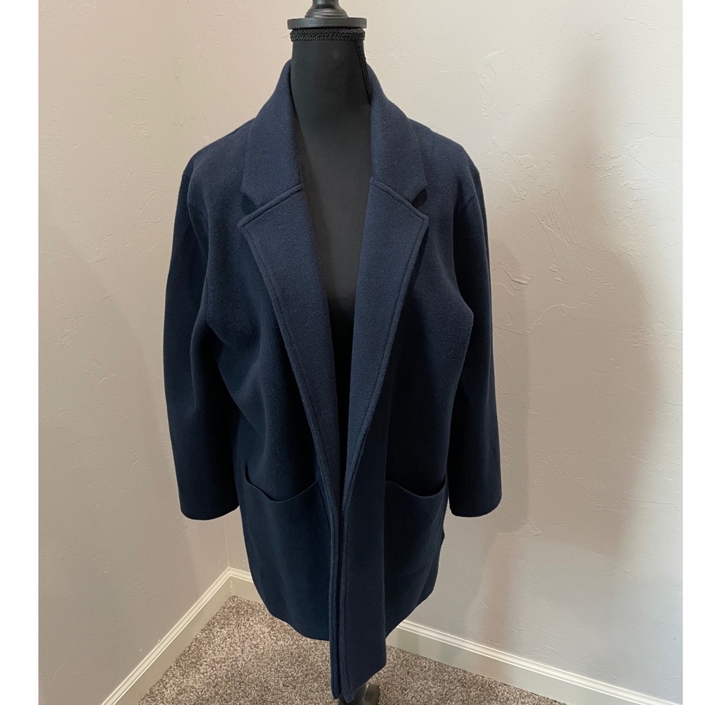J.Crew Womens Navy Blue Merino Wool Blend Open Front Sweater Blazer Jacket L